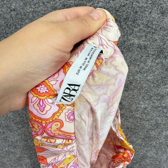 Zara Pants Women M Medium Beige Floral High Rise Chino Drawstring Flat Front - Picture 5 of 7